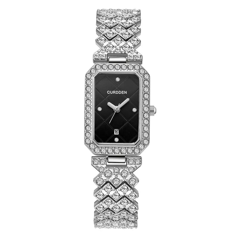 CURDDEN Rectangular Luxury Quartz Watch for Women – Silver Alloy Band, Diamond Detail, Elegant Casual Style