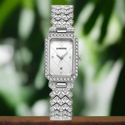 CURDDEN Rectangular Luxury Quartz Watch for Women – Silver Alloy Band, Diamond Detail, Elegant Casual Style