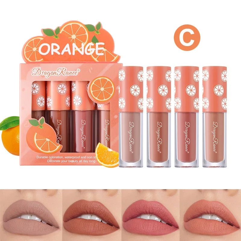 Mini Velvet Matte Lip Gloss Set – 4-Piece Long-Lasting, Non-Stick, Fruit Scented Lip Tint