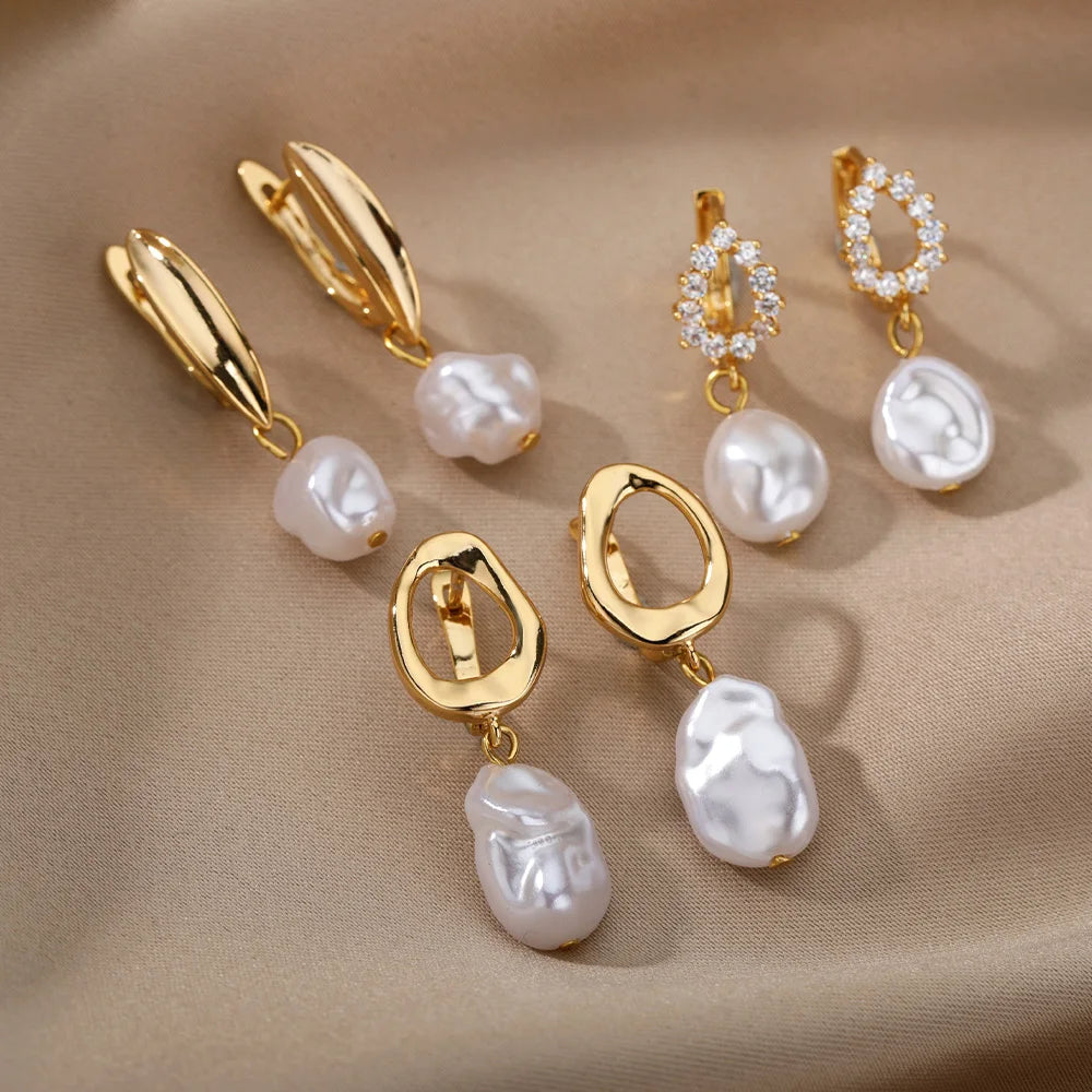 Gold Pearl Drop Hoop Earrings for Women – Stainless Steel Jewelry