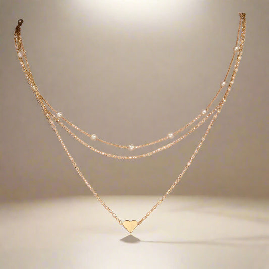3-piece Set: 14K Gold Necklace with Pearl and Heart Pendants – Waterproof and Hypoallergenic