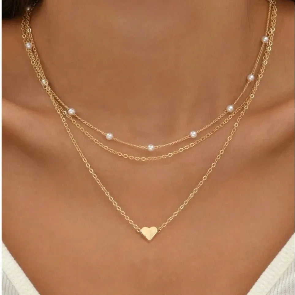 3-piece Set: 14K Gold Necklace with Pearl and Heart Pendants – Waterproof and Hypoallergenic
