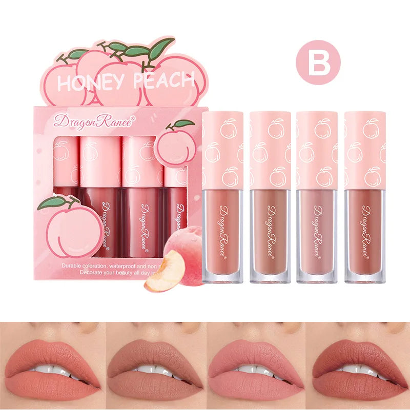 Mini Velvet Matte Lip Gloss Set – 4-Piece Long-Lasting, Non-Stick, Fruit Scented Lip Tint