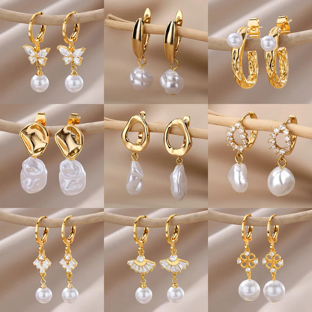 Gold Pearl Drop Hoop Earrings for Women – Stainless Steel Jewelry