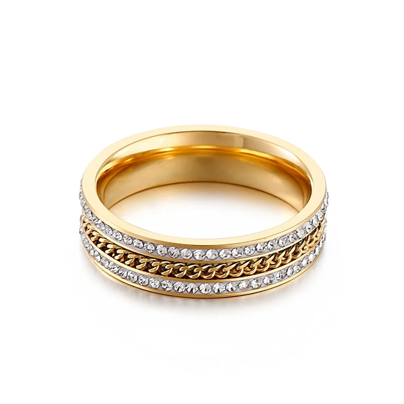 Gold Twist Pattern Zircon Ring – Vintage Stainless Steel Wedding Band for Women | Classic Peru-Inspired Design