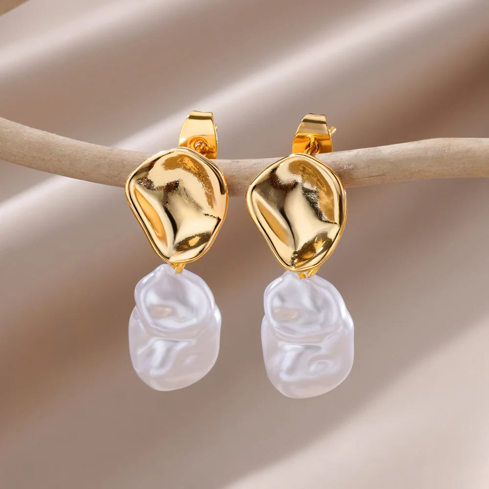 Gold Pearl Drop Hoop Earrings for Women – Stainless Steel Jewelry