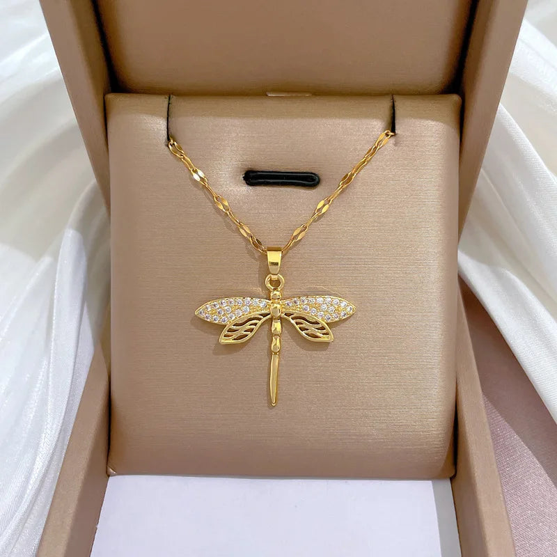 Faye Women's Dragonfly Pendant Necklace in Stainless Steel.