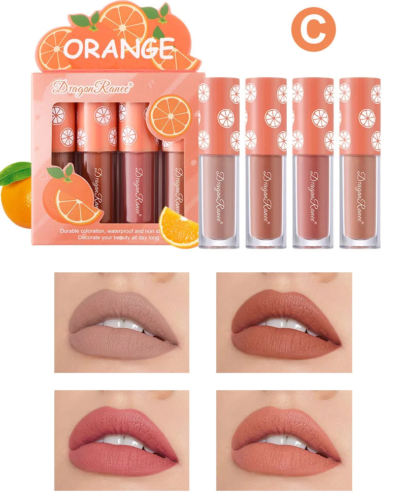 Mini Velvet Matte Lip Gloss Set – 4-Piece Long-Lasting, Non-Stick, Fruit Scented Lip Tint